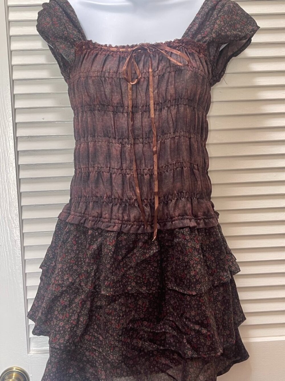 Smocked Floral Mini Dress Small Cottagecore Coquette Puff Sleeve